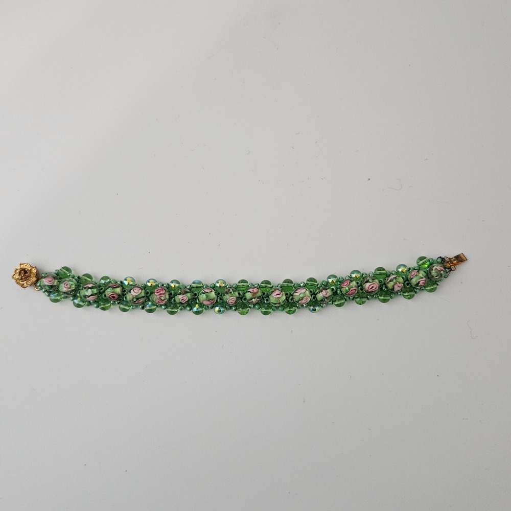 Glass Beaded Green Bracelet Flower Beads Floral Box Clasp 6 1/4" - Picture 2 of 10
